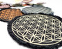 Iron on patches with the sacred geometry Flower of Life symbol in custom color combinations.