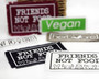 Friends Not Food vegan iron on patches in different color combinations.