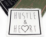 Hustle and heart iron on patches in a variety of color combinations.