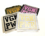 Vegan power (vgn pwr) iron on patches in a variety of color combinations.