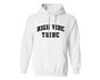 White unisex hoodie with high vibe tribe printed on the front.