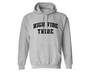 Sport grey unisex hoodie with high vibe tribe printed on the front.
