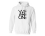 White unisex hoodie with we are one printed on the front.