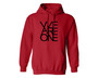 Red unisex hoodie with we are one printed on the front.