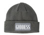 Dark grey winter beanie with GODDESS on a patch.