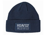 Navy blue beanie with the words Heavily Meditated on a patch.