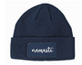 Navy blue beanie with namaste printed on the patch.