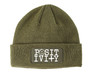 Olive green beanie with positivity printed on the patch.