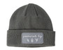 Powered by plants printed on a dark grey knit vegan beanie with patch.