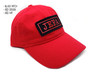 Side view of red dad hat with jefa patch.