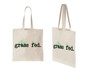 Two view of natural canvas totes with vegan grass fed design.