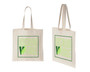 Two views of natural canvas vegan tote bags with two-tone herbivore design.
