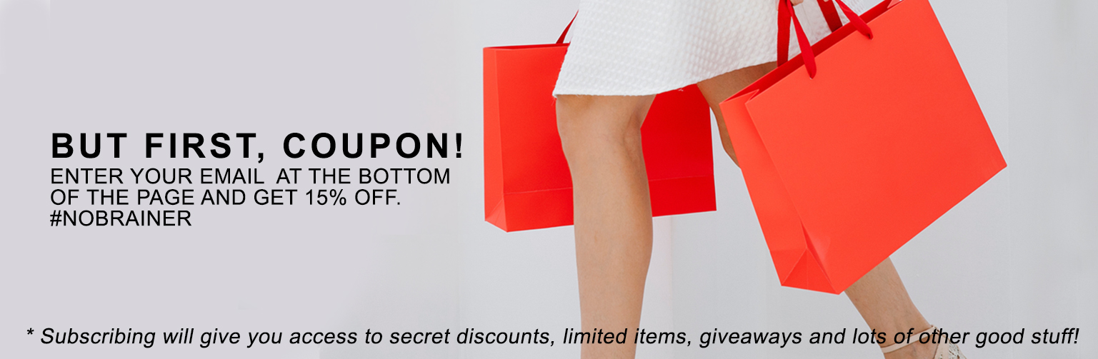 Photo of a woman in a dress holding two red shopping bags. Text for 15 percent off coupon.