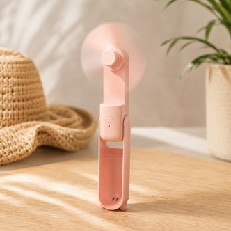 Pink foldable USB rechargeable handheld fan standing upright on a wooden table with summer accessories in the background.