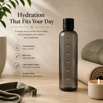 700ml black transparent water bottle showing hydration reminders and time markers to encourage healthy drinking habits throughout the day.