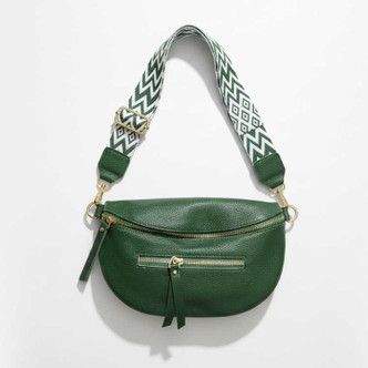 NEUHAUS ZEN green leather crossbody bag with adjustable boho strap and gold-tone hardware