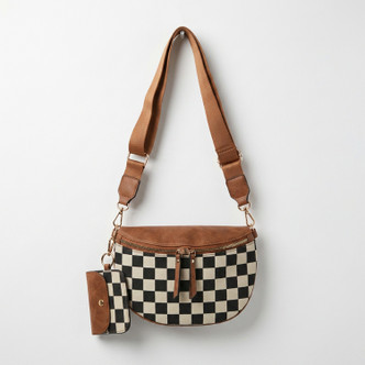 Nomad Check Crossbody Bag in brown with checkerboard pattern, front product view with adjustable strap