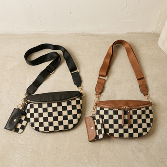 Nomad Check Crossbody Bag shown in brown and black checkerboard colour options with matching strap pouch