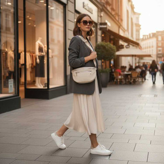 Woman wearing cream boho crossbody bag outdoors