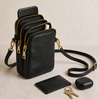 Three-compartment black phone bag with card holder, keys and earbuds