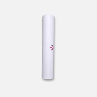 Rolled white suede TPE yoga mat with purple flower logo detail on a clean product background