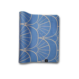 Blue Art Deco yoga mat with elegant gold fan pattern shown rolled and flat