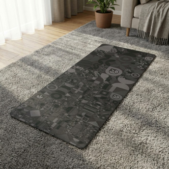 Geo Zen microfibre suede natural rubber yoga mat laid flat showing black geometric design