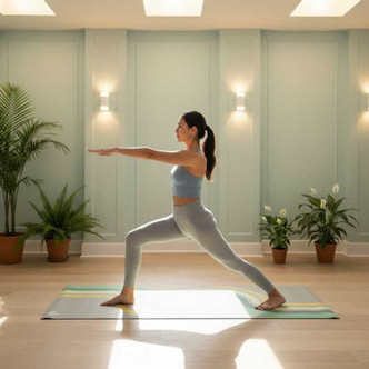Woman practising yoga on a neutral retro stripe yoga mat in a bright contemporary studio