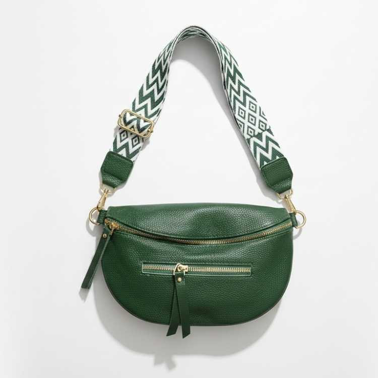 NEUHAUS ZEN green leather crossbody bag with adjustable boho strap and gold-tone hardware