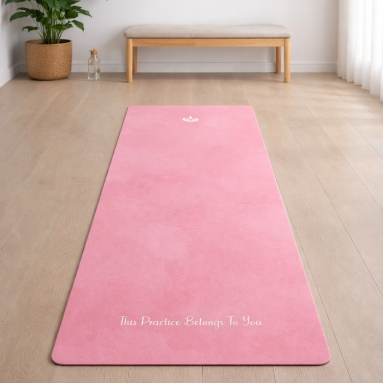 Rose Pink yoga mat laid flat in a bright room, non-slip fitness mat for home yoga and daily movement