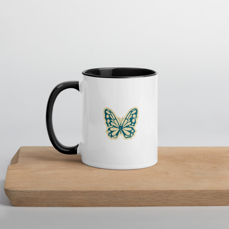 Butterfly ceramic coffee mug with minimalist nature design and black interior, stylish tea cup for home, office, and everyday use