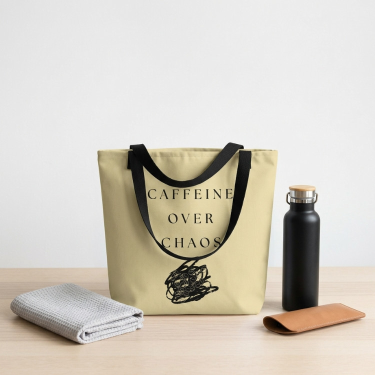 Beige canvas tote bag with ‘Caffeine Over Chaos’ text, displayed on a table with a water bottle, folded cloth, and leather wallet