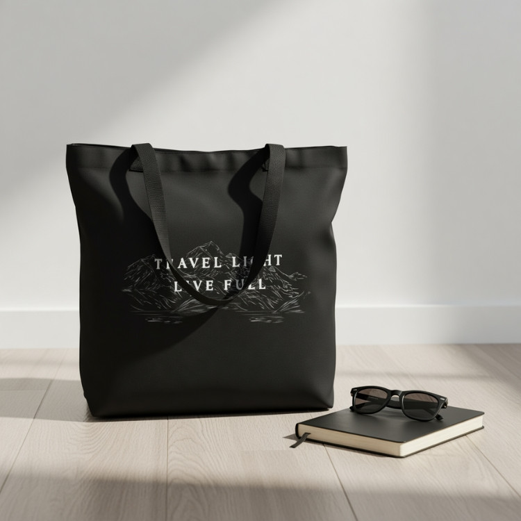 minimalist black tote bag on bench in a clean indoor setting