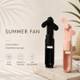 Black and pink foldable rechargeable handheld fans showing lightweight travel-friendly design and key product features.