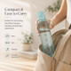 Pink 500ml hydration water bottle on a desk beside a notebook, creating a calm workspace for staying hydrated while working or studying.