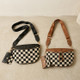 Nomad Check Crossbody Bag shown in brown and black checkerboard colour options with matching strap pouch