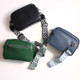Leather crossbody bags in black, green and blue with patterned straps, multi pocket travel and everyday bags