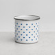 White enamel camping mug with blue crown pattern, lightweight and durable for outdoor coffee and tea
