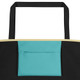 tote bag with wide straps and a bright blue front pocket on a plain background.