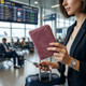 Traveller holding a passport holder wallet in an airport terminal.