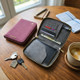 Open passport holder wallet with travel accessories ready for a journey.