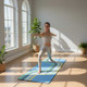 Retro Pathway non-slip yoga mat in use during a home yoga session with a soft microfibre suede surface.