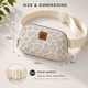 White leopard print bum bag with adjustable strap and zip pocket styled on a soft fabric background with dimensions