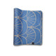 Blue Art Deco yoga mat with elegant gold fan pattern shown rolled and flat