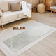 White and grey marble-effect yoga mat with gold detailing displayed in a bright contemporary living room