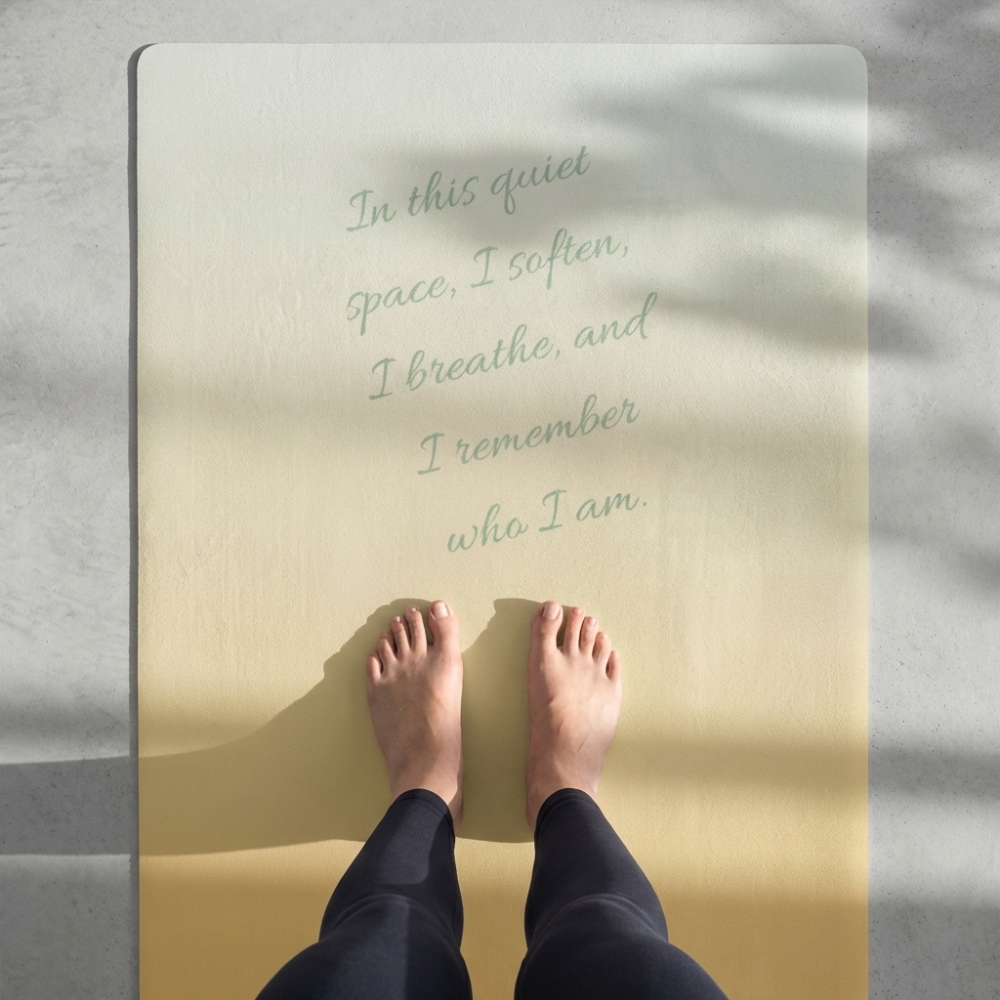 Top view of feet on soft yoga mat with calming quote design
