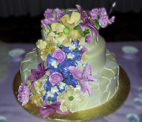 Multicolor Sugar Flowers White Emboss Design Cake (Model# 23001)