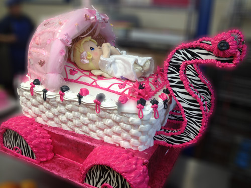 Pink Zebra Baby Carriage Girl Shower Cake (Model# 41018)