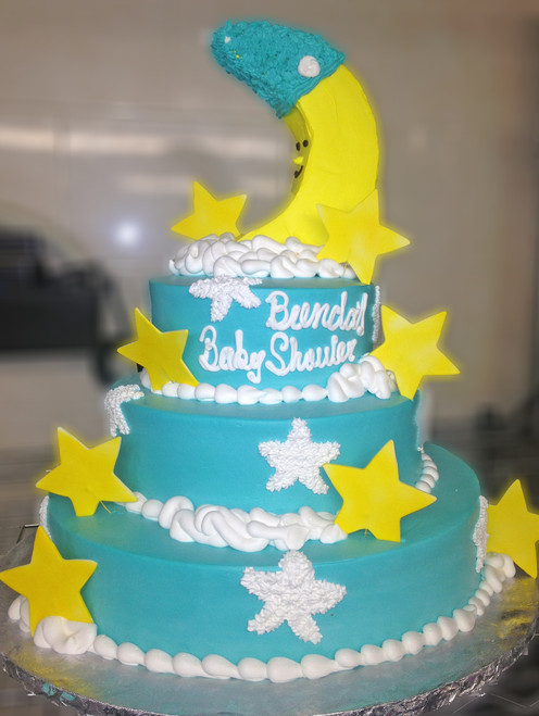Approximate Servings 80. Sizes: 7", 10" & 14". Sugar stars and NON-EDIBLE moon themed three tiered cake. 