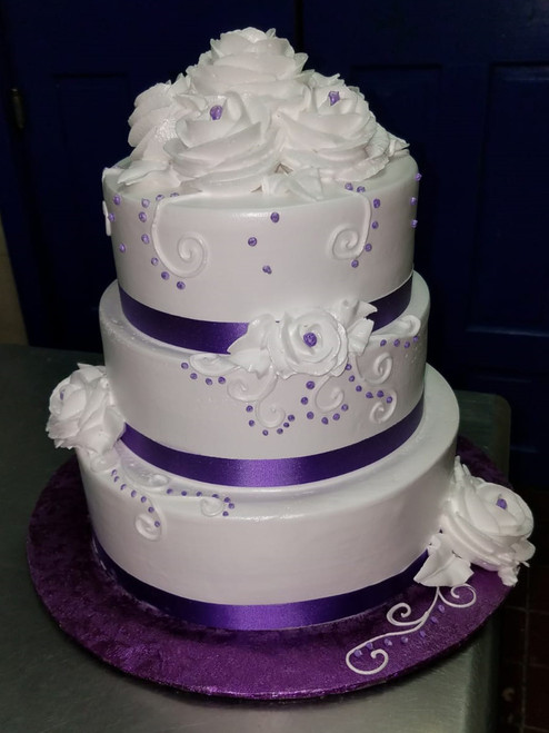 Purple Ribbon White Roses Wedding Cake (Model# 23004)